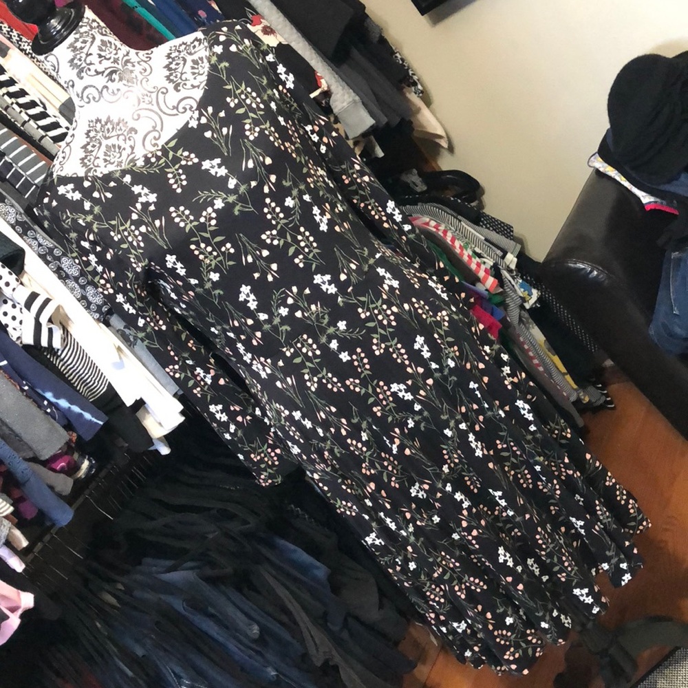 Loft Black Flowered Dress,  size medium.
